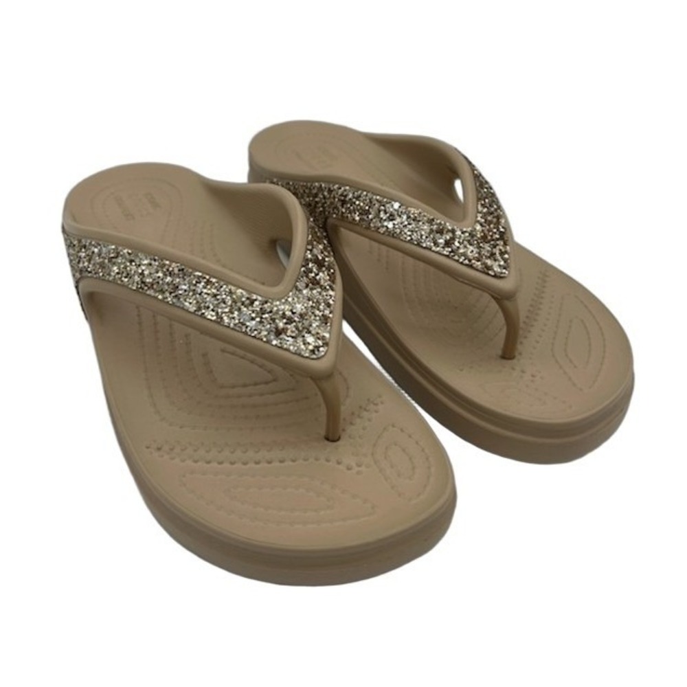 Crocs Capri Glitter Flip Flops Women's Size 10 W Tan Gold Sparkle Wedge Sandals